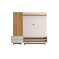 Manhattan Comfort 2-400451400551 Cornwall 75.74 Left Modular Entertainment Center with Overhead Shelf and Drawers in Off White and Cinnamon Light Brown